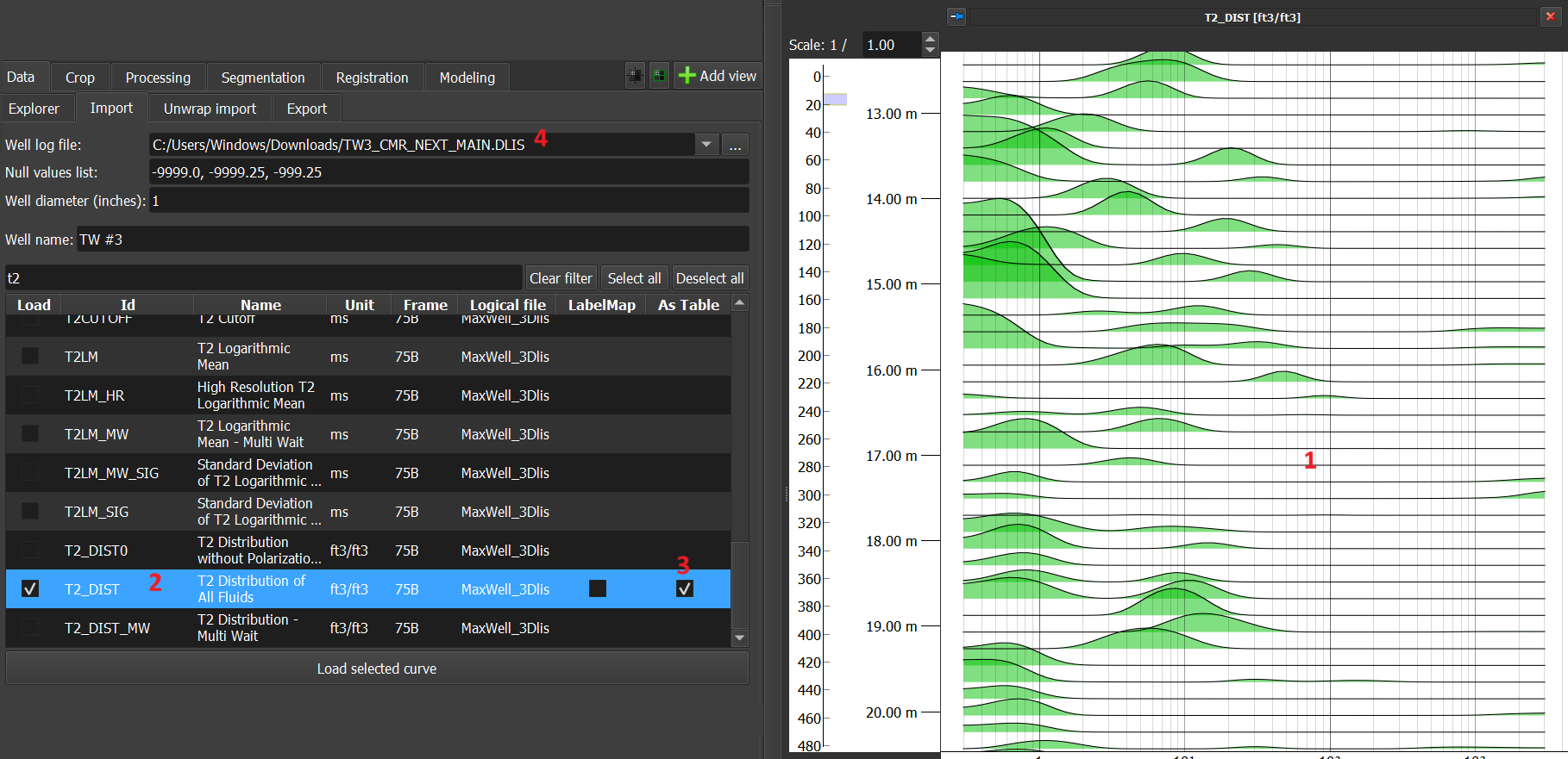 On the right, a view with NMR data (1), which was loaded from the T2_DIST curve (2), selected on the left, marked with the 'As Table' option (3). The data was imported from a DLIS file (4).